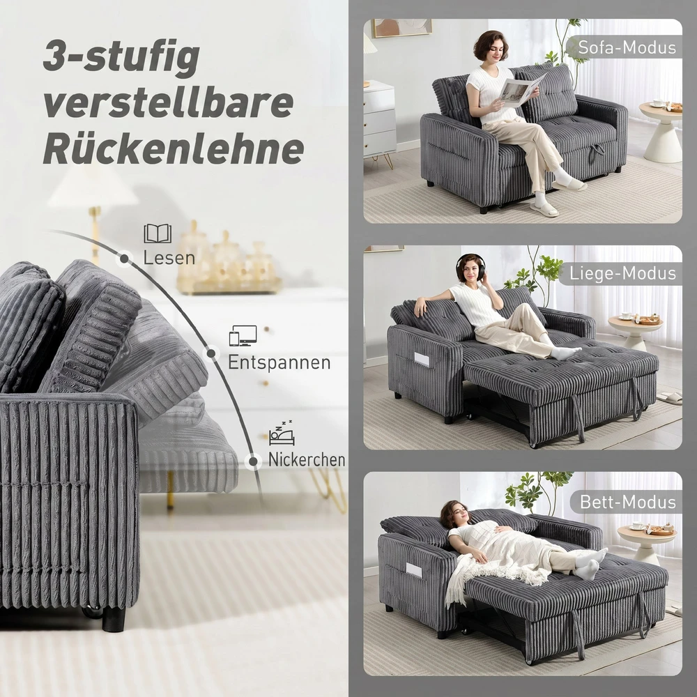 Aosom Tamsiai pilka dvivietė ištraukiama sofa-lova su 2 pagalvėmis, 157 × 90 cm