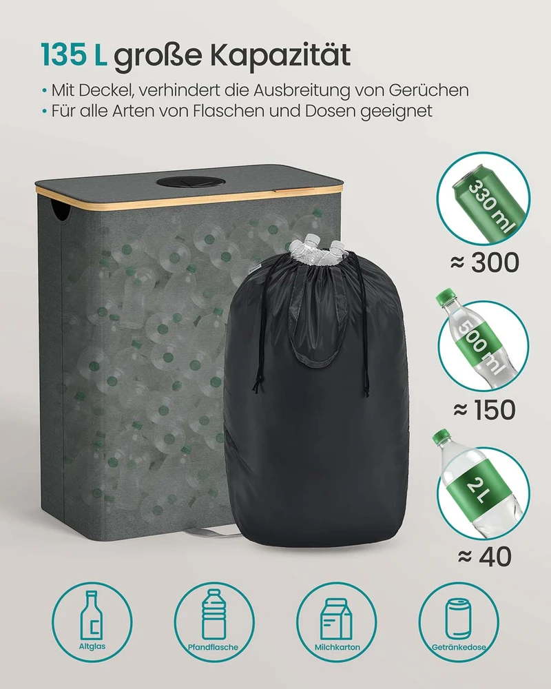 Koduva Taros butelių surinkimo konteineris, 135 l, 52,5 x 38,5 x 70,5 cm, pilkai smėlinis