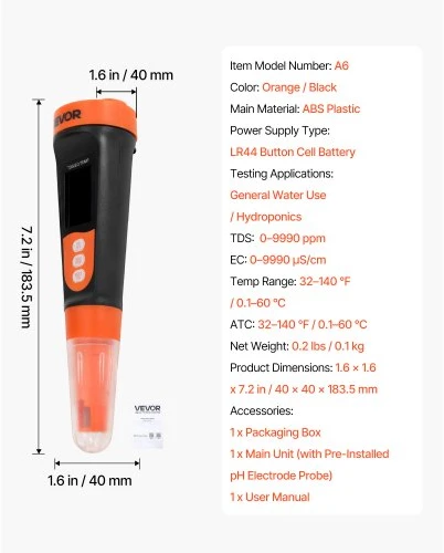 Koduva TDS matuoklis VEVOR A6, oranžinis / juodas, ABS plastikas, 18 x 4 x 4 cm