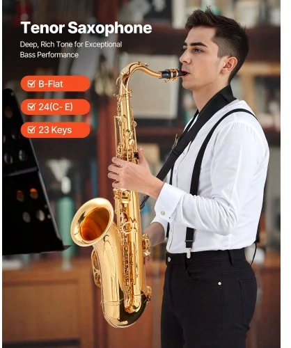 VEVOR Tenorinis saksofonas JTAS-401, B bemolis, žalvaris, auksinė spalva, 23 klavišai, su dėklu