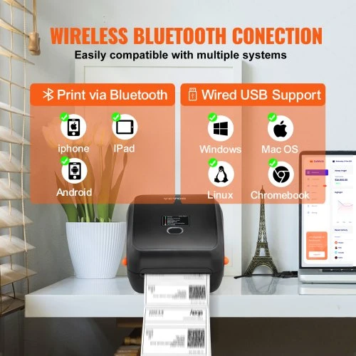 Koduva Terminis etikečių spausdintuvas VEVOR, 300 DPI, Bluetooth/USB, 25 x 21 x 18 cm
