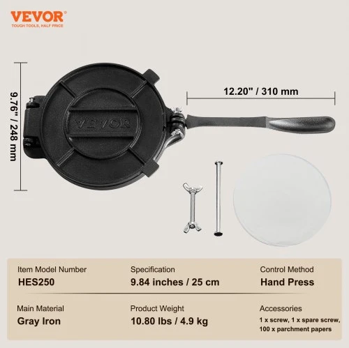 VEVOR Tortilijų presas HES250, 25 cm, ketaus, sidabrinis