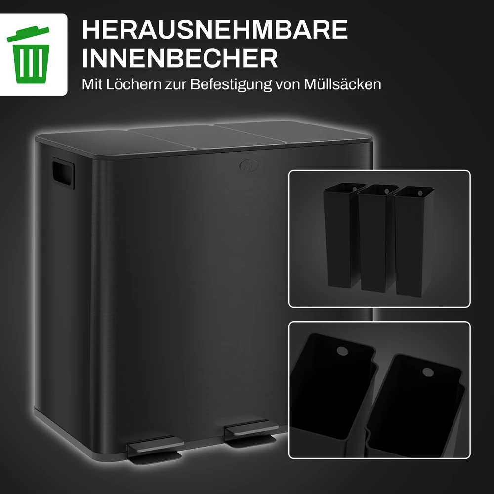 Aosom Trijų skyrių šiukšliadėžė, 3 x 15 l, su kvapų neutralizavimo dangčiu, juoda