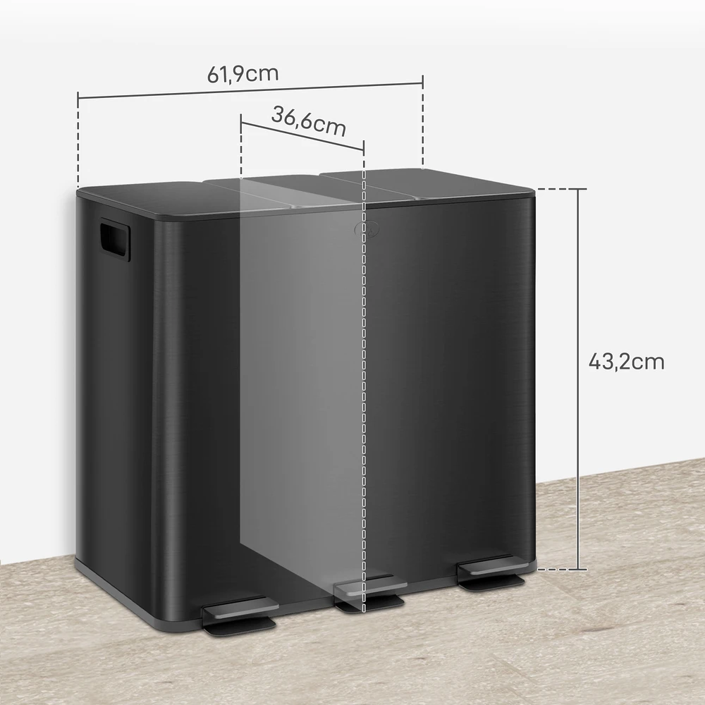 Aosom Trijų skyrių šiukšliadėžė, 3 x 15 l, su kvapų neutralizavimo dangčiu, juoda