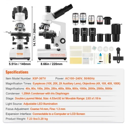Koduva Trinokuliarinis laboratorinis mikroskopas VEVOR XSP-36TV, 40X-2500X, su LED apšvietimu