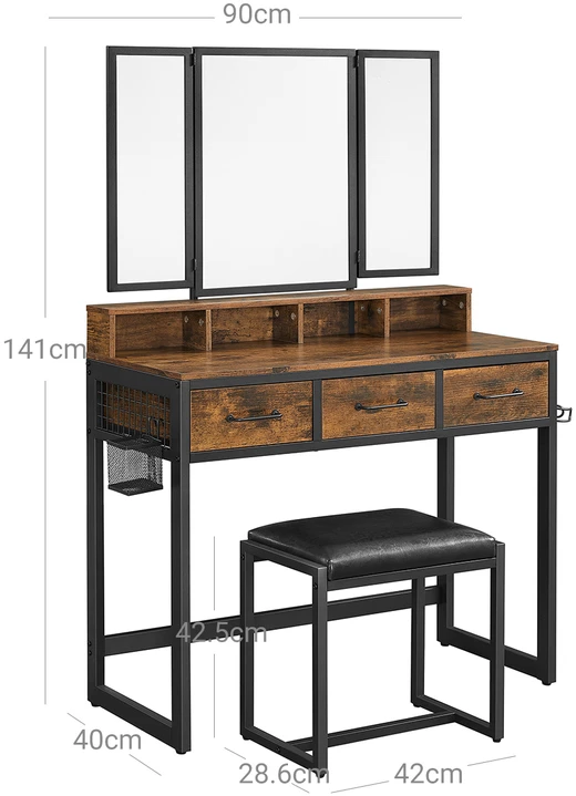 Songmics Tualetinis staliukas su 3 dalių atlenkiamu veidrodžiu, taburete, 3 stalčiais, 90 x 40 x 141 cm