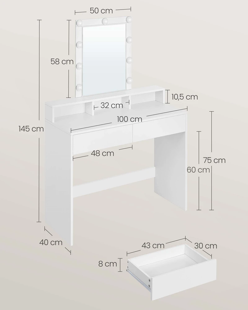Koduva Tualetinis staliukas su LED apšvietimu, baltas, 40 x 100 x 145 cm, su veidrodžiu