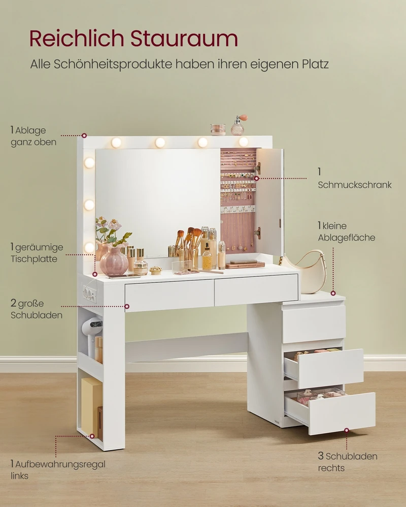 Koduva Tualetinis staliukas su veidrodžiu ir LED apšvietimu, 40 x 125 x 140 cm, debesų baltumo