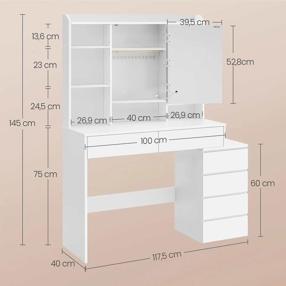 Koduva Tualetinis staliukas su veidrodžiu ir LED apšvietimu, baltas, 40 x 98,3 x 145 cm