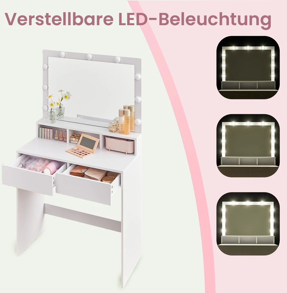 Koduva Tualetinis staliukas su veidrodžiu ir LED apšvietimu, 80 x 40 x 140 cm, baltas