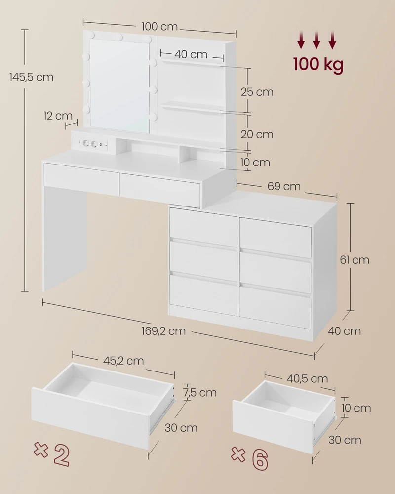Koduva Tualetinis staliukas su veidrodžiu ir LED apšvietimu, 9 stalčiai, baltas, 40 x 169,2 x 145,5 cm