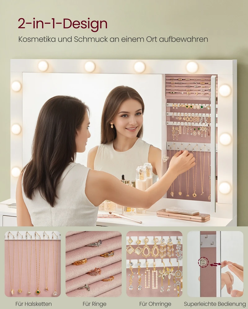 Koduva Tualetinis staliukas su veidrodžiu ir LED apšvietimu, 40 x 125 x 140 cm, debesų baltumo