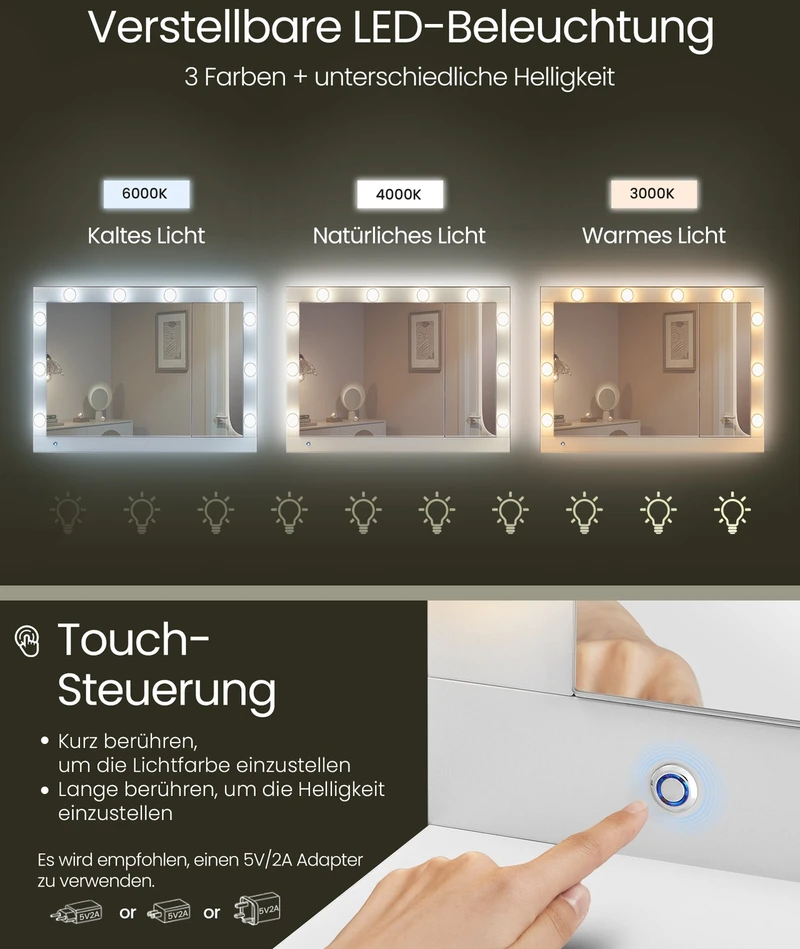 Koduva Tualetinis staliukas su veidrodžiu ir LED apšvietimu, 40 x 125 x 140 cm, debesų baltumo