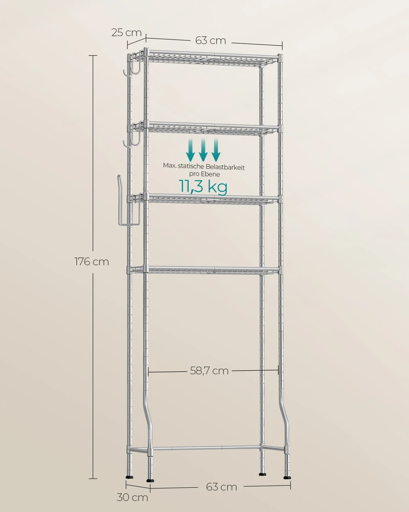 Songmics Tualeto lentyna, 4 aukštų, metalinė, balandžių pilka, 30 x 63 x 176 cm