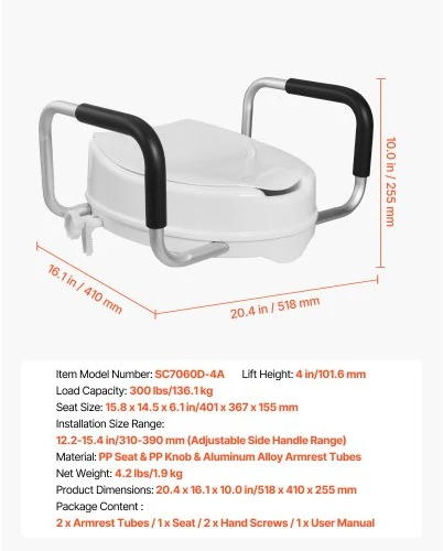 VEVOR Tualeto sėdynės paaukštinimas su porankiais SC7060D-4A, 136,1kg, 10,16 cm