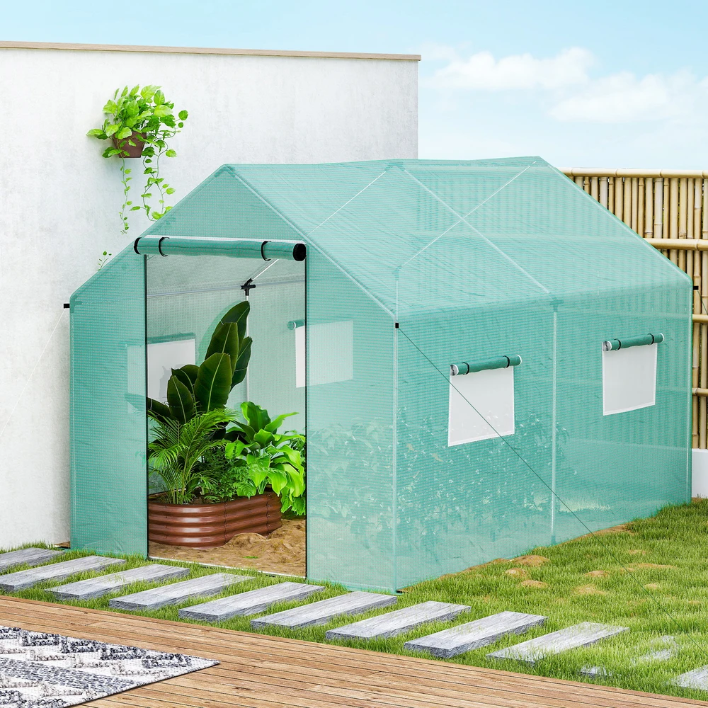 Aosom Tunelinis šiltnamis, pakeliamos durys ir langai, cinkuoto plieno rėmas, 2 x 3 x 2 m, žalias