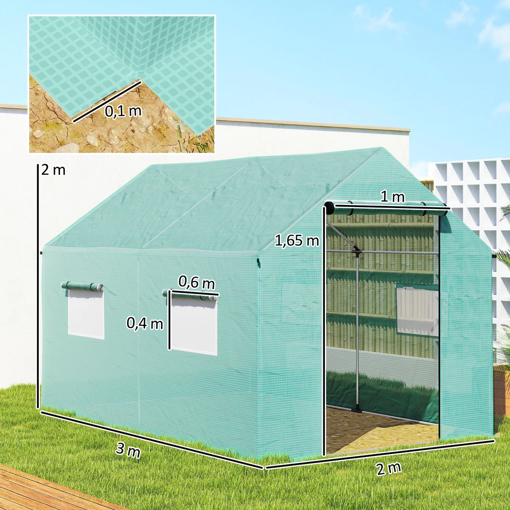 Aosom Tunelinis šiltnamis, pakeliamos durys ir langai, cinkuoto plieno rėmas, 2 x 3 x 2 m, žalias