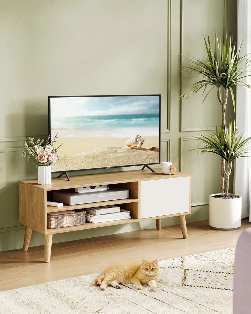 Koduva TV staliukas, 120 x 40 x 49 cm, medžio drožlių plokštė ir kaučiukmedis, natūralaus ąžuolo ir kreminės baltos spalvos