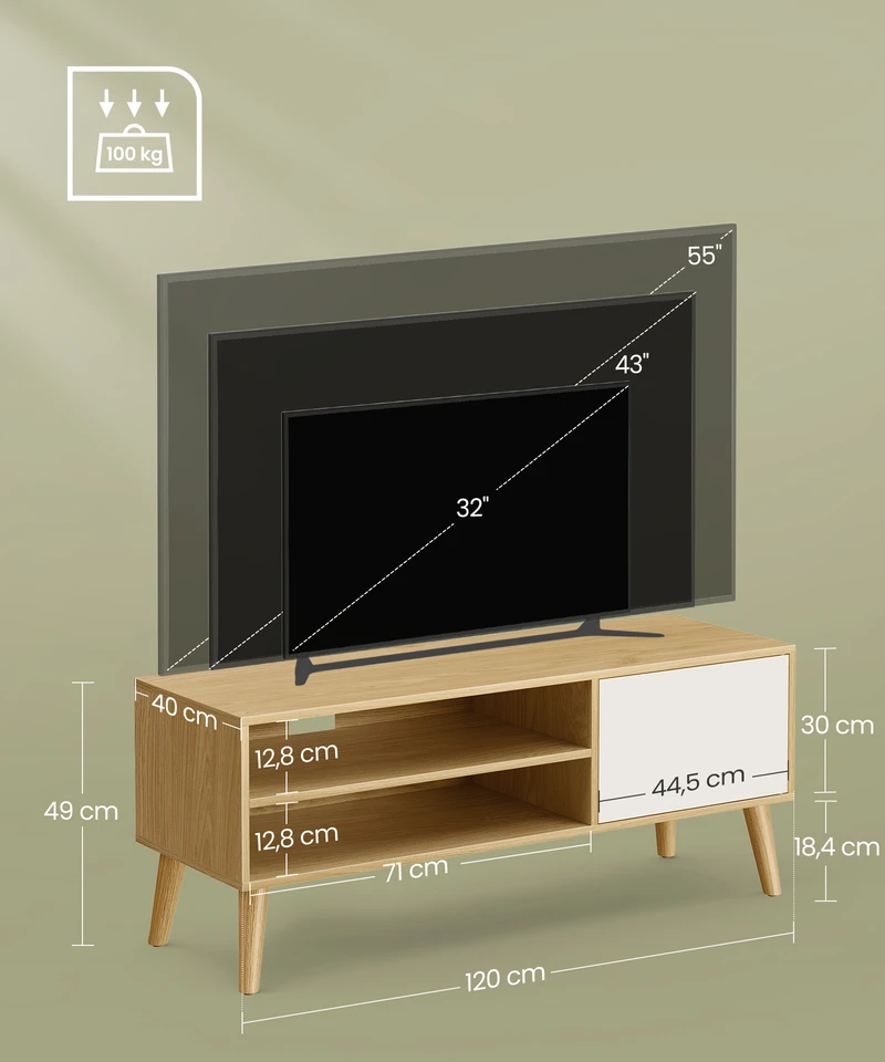 Koduva TV staliukas, 120 x 40 x 49 cm, medžio drožlių plokštė ir kaučiukmedis, natūralaus ąžuolo ir kreminės baltos spalvos