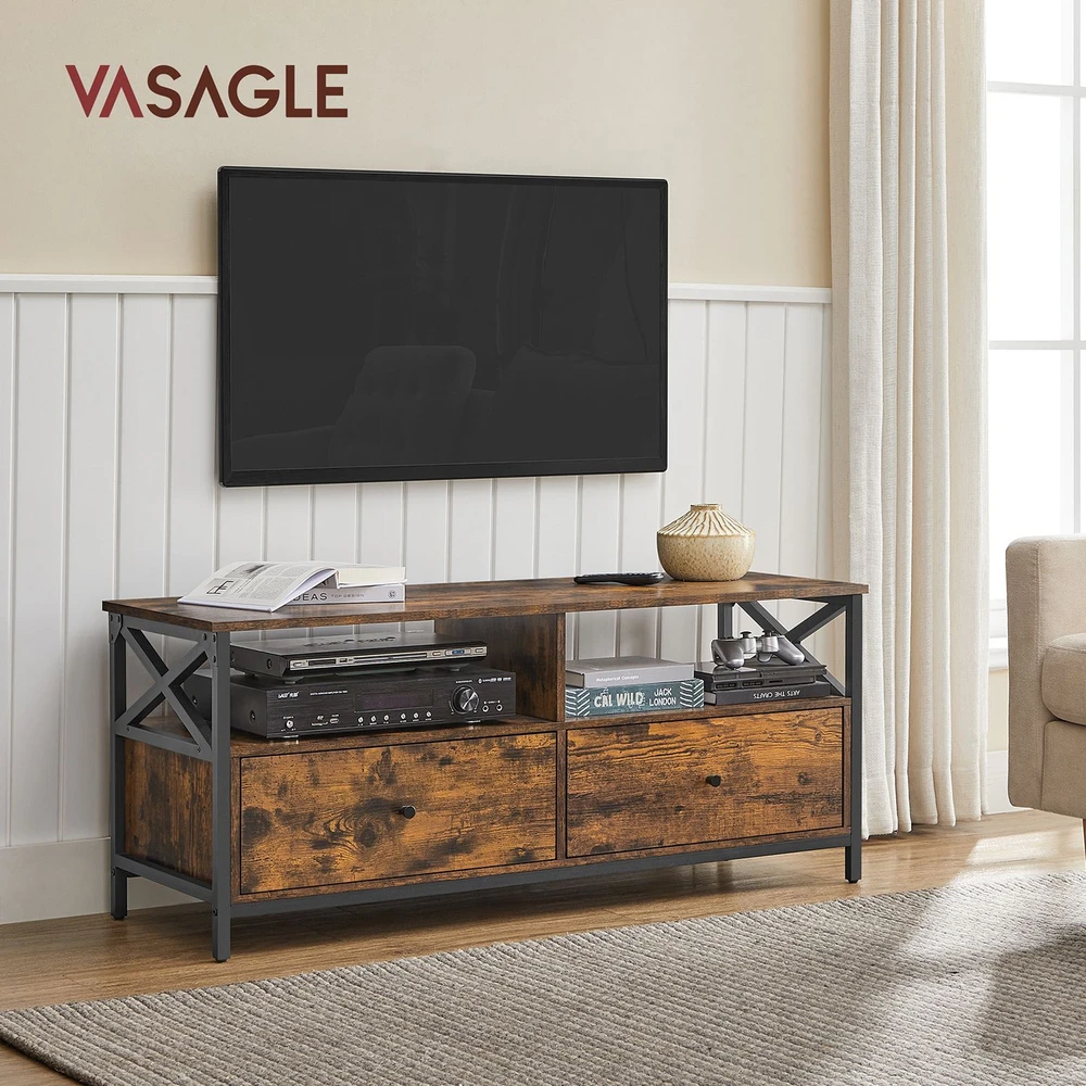 Koduva TV staliukas iki 55 colių televizoriui, 120 x 40 x 50 cm, su 2 stalčiais, rudas-juodas