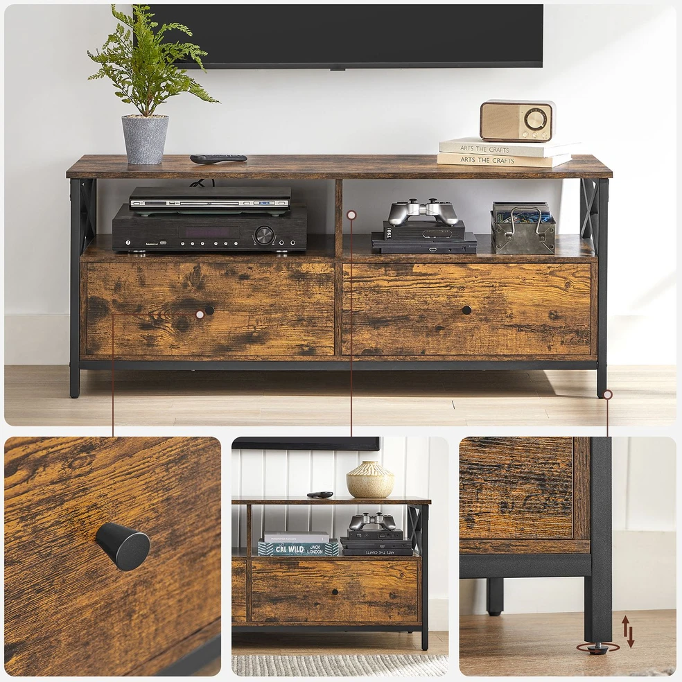 Koduva TV staliukas iki 55 colių televizoriui, 120 x 40 x 50 cm, su 2 stalčiais, rudas-juodas
