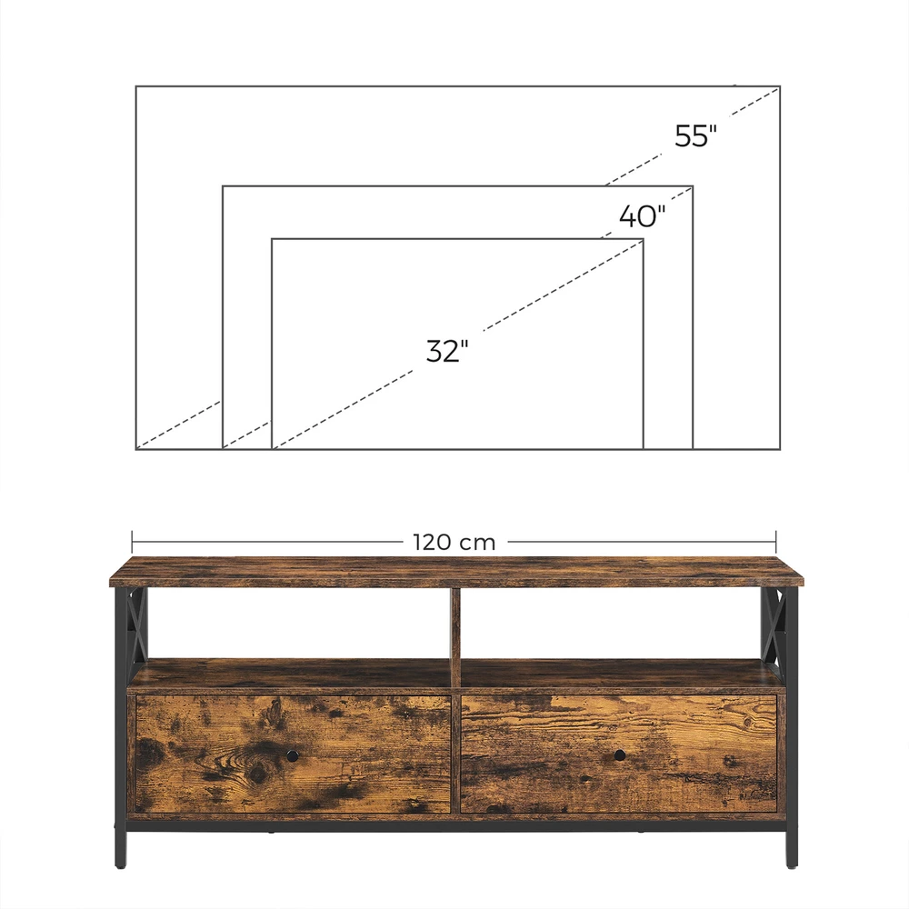 Koduva TV staliukas iki 55 colių televizoriui, 120 x 40 x 50 cm, su 2 stalčiais, rudas-juodas