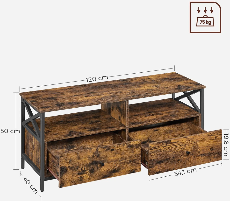 Koduva TV staliukas iki 55 colių televizoriui, 120 x 40 x 50 cm, su 2 stalčiais, rudas-juodas