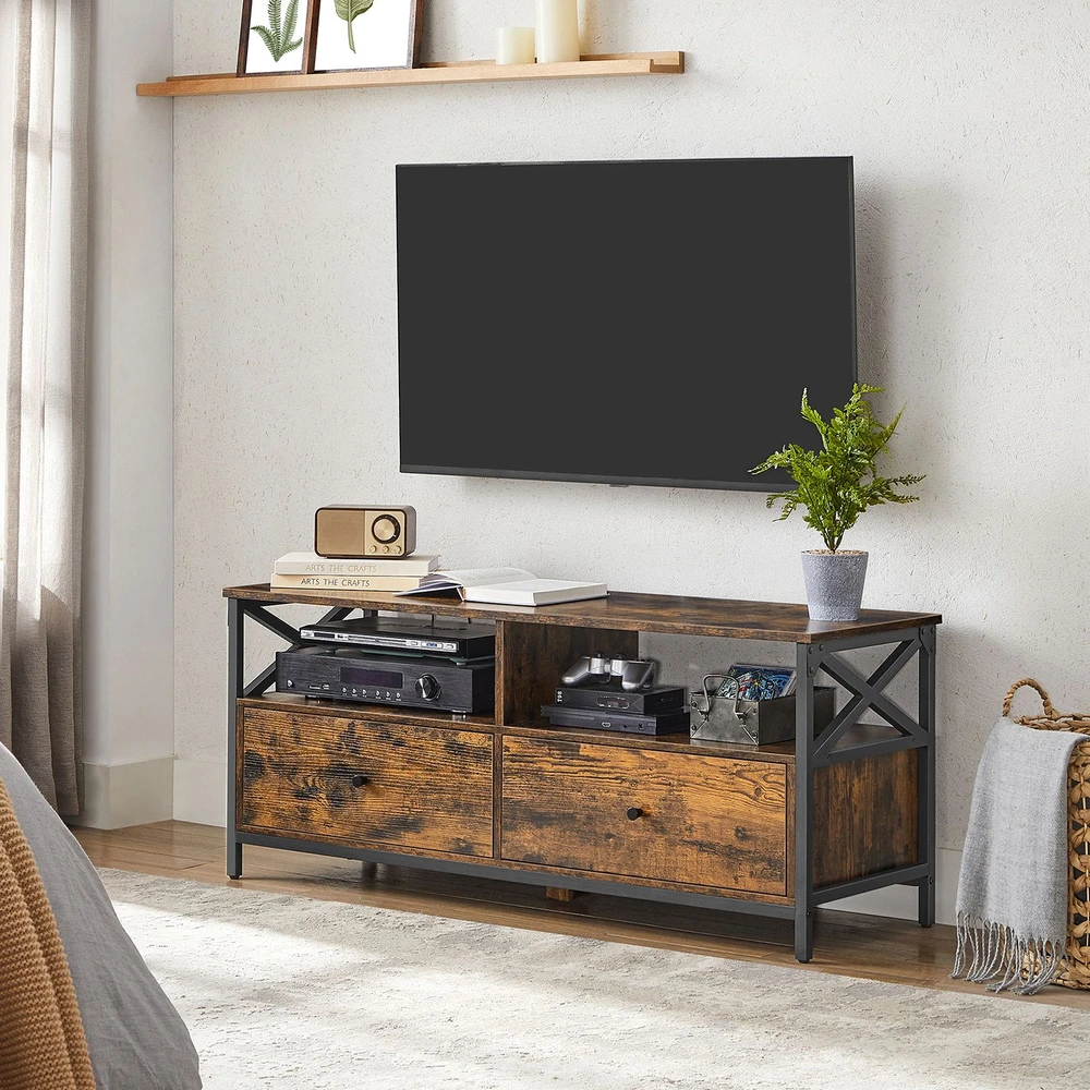 Koduva TV staliukas iki 55 colių televizoriui, 120 x 40 x 50 cm, su 2 stalčiais, rudas-juodas