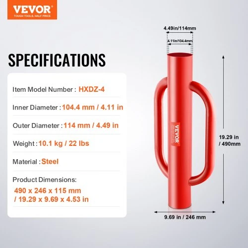 VEVOR Tvoros stulpų kaliklis su rankenomis, plieno, vidinis skersmuo 10,2 cm