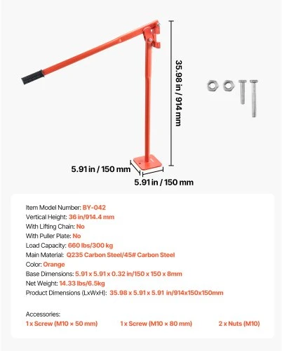 VEVOR Tvoros stulpų traukiklis BY-042, plieno, oranžinis, 91 cm, iki 300 kg