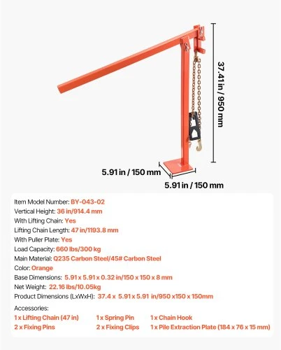 VEVOR Tvoros stulpų traukiklis BY-043-02, su traukimo plokšte ir 119 cm grandine, oranžinis, 95 cm