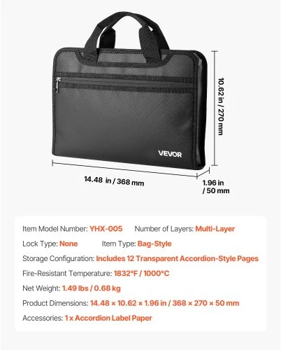 Koduva Ugniai atsparus dokumentų krepšys VEVOR YHX-005, 37 x 27 x 5 cm