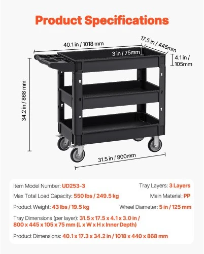 Koduva Ūkinis vežimėlis VEVOR UD253-3, 3 lentynų, PP plastikas, 102 x 44 x 87 cm, iki 249,5kg