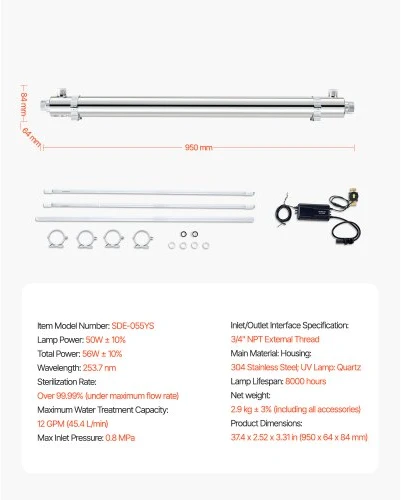 Koduva UV vandens valytuvas VEVOR SDE-055YS, 56 W, 220 V, 45,4 l/min, nerūdijantis plienas