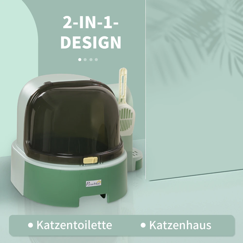 Aosom Uždara kačių kraiko dėžė, 2 ištraukiami dugno padėklai, 1 semtuvėlis, kraiko surinkimo skyrius, nuimamas gaubtas, žalia + juoda