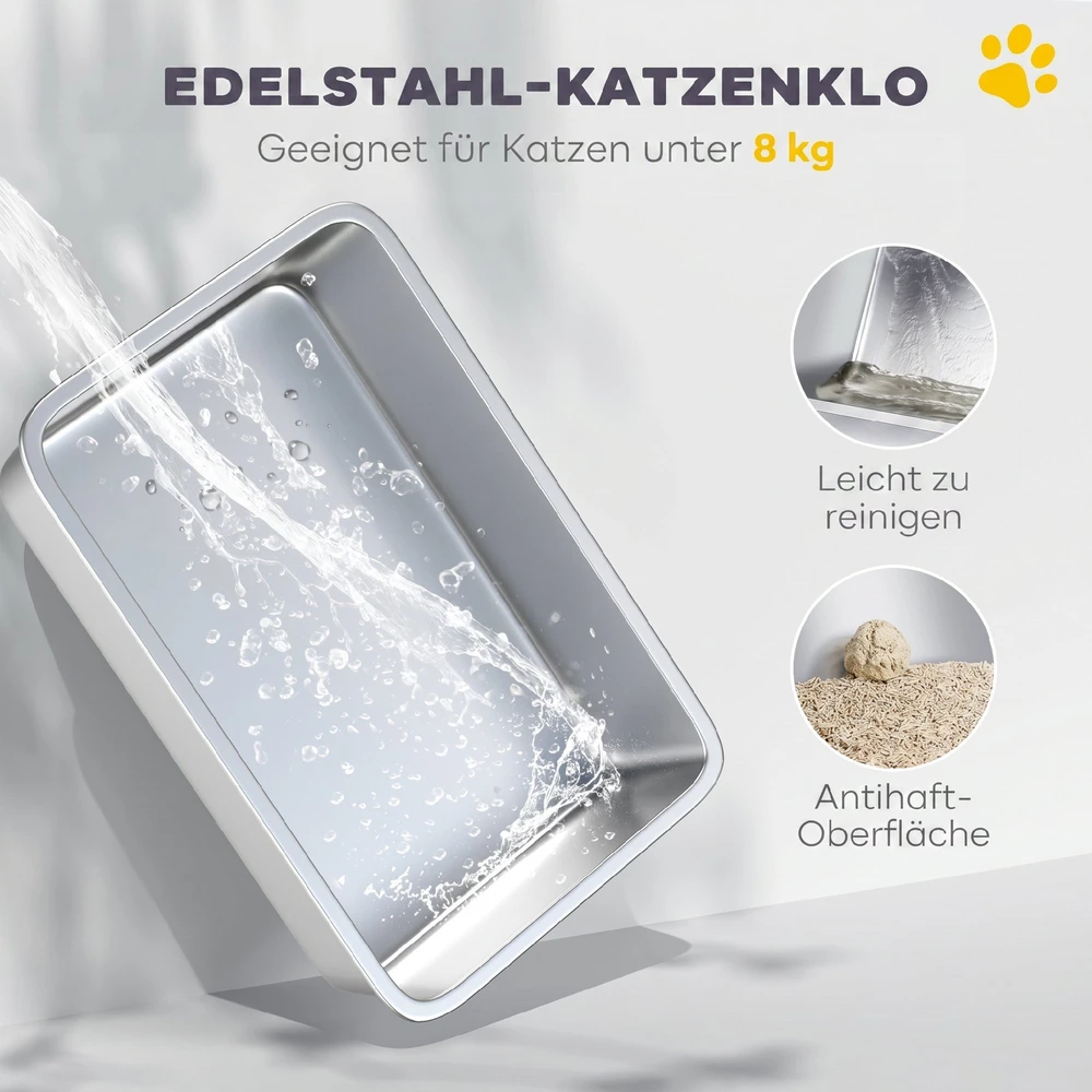 Aosom Uždara kačių tualeto dėžė su dangčiu, nerūdijantis plienas, šviesiai pilka, 60,4 x 40,4 x 41,8 cm