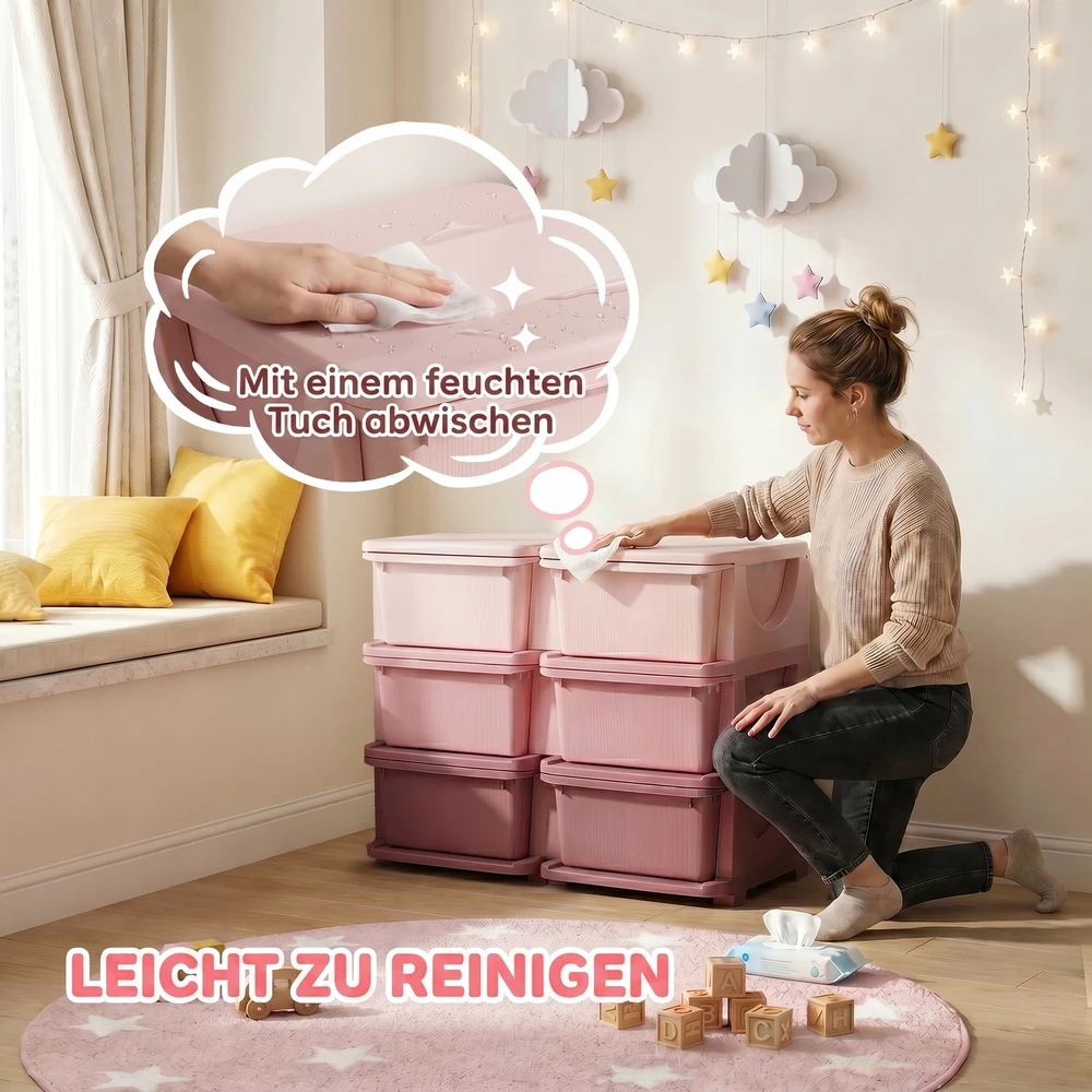 Aosom Vaikiška daiktų laikymo spinta su 6 stalčiais, rožinė, 75 x 37 x 56,5 cm