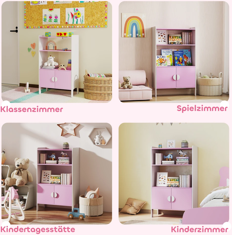 Aosom Vaikiška knygų lentyna ir spintelė, 2 lentynos, 2 spintelės, pastatoma, nuo apvirtimo apsauga, neslystančios kojelės, MDF, rožinė+baltas