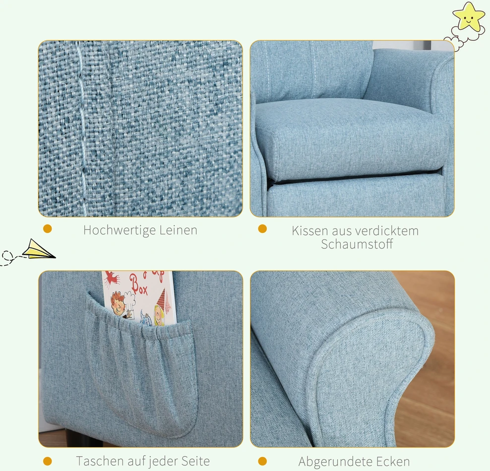 Aosom Vaikiška poilsinė sofa su atlošu ir kojų atrama, mėlyna, 58 x 53 x 70 cm