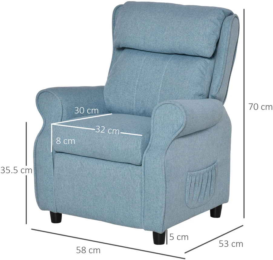 Aosom Vaikiška poilsinė sofa su atlošu ir kojų atrama, mėlyna, 58 x 53 x 70 cm