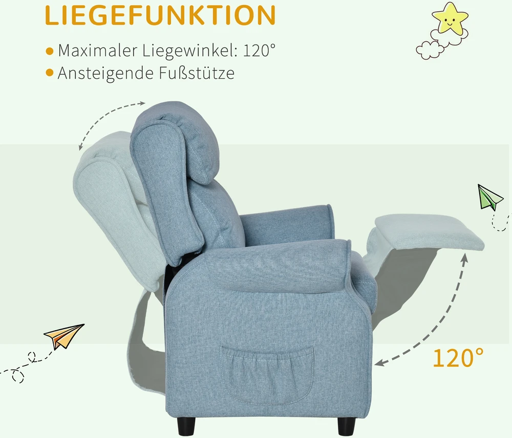 Aosom Vaikiška poilsinė sofa su atlošu ir kojų atrama, mėlyna, 58 x 53 x 70 cm