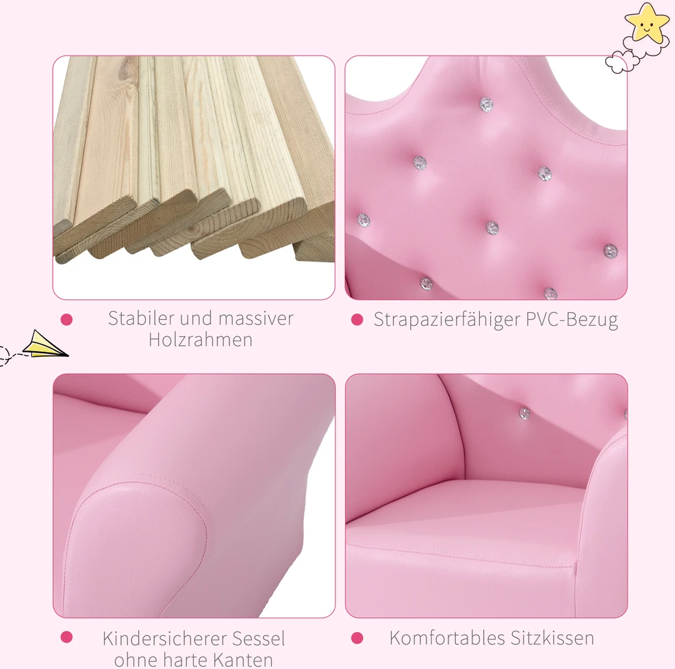Aosom Vaikiška sofa su pufu, rožinė, 58 x 40,5 x 49 cm, 2 dalių rinkinys