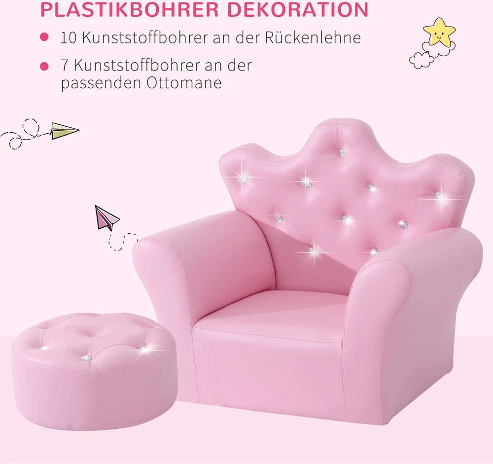 Aosom Vaikiška sofa su pufu, rožinė, 58 x 40,5 x 49 cm, 2 dalių rinkinys