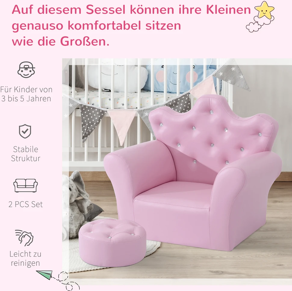 Aosom Vaikiška sofa su pufu, rožinė, 58 x 40,5 x 49 cm, 2 dalių rinkinys