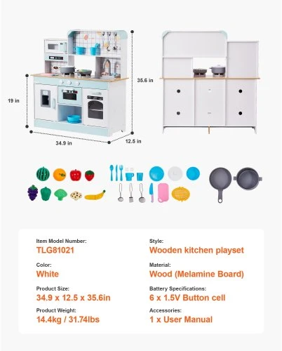 VEVOR Vaikiška žaidimų virtuvė TLG81021, medinė, balta, 24 dalių rinkinys