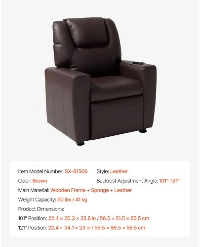 Koduva Vaikiškas atlošiamas krėslas VEVOR SX-81509 su pakoju ir puodelio laikikliu, rudas, 57 x 52 x 66 cm