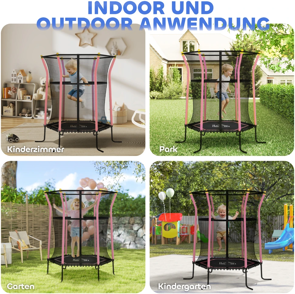 Aosom Vaikiškas batutas su saugos tinklu, 122 x 111 x 190 cm, juodas, rožinis, plienas, iki 50 kg