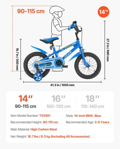 VEVOR Vaikiškas dviratis TQ1401, BMX stiliaus, 35,56 cm, mėlynas, vaikams nuo 90 iki 115 cm ūgio