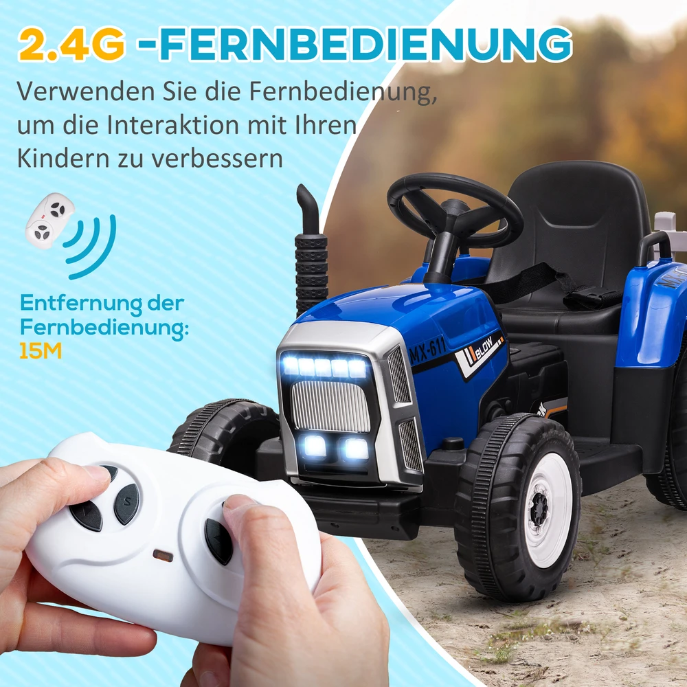 Aosom Vaikiškas elektrinis automobilis su priekaba, nuotolinio valdymo pultas, žibintai, 3-6 km/h, 3-6 metų, mėlynas