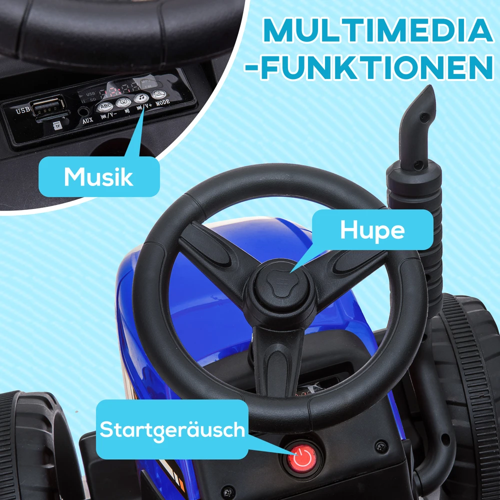 Aosom Vaikiškas elektrinis automobilis su priekaba, nuotolinio valdymo pultas, žibintai, 3-6 km/h, 3-6 metų, mėlynas